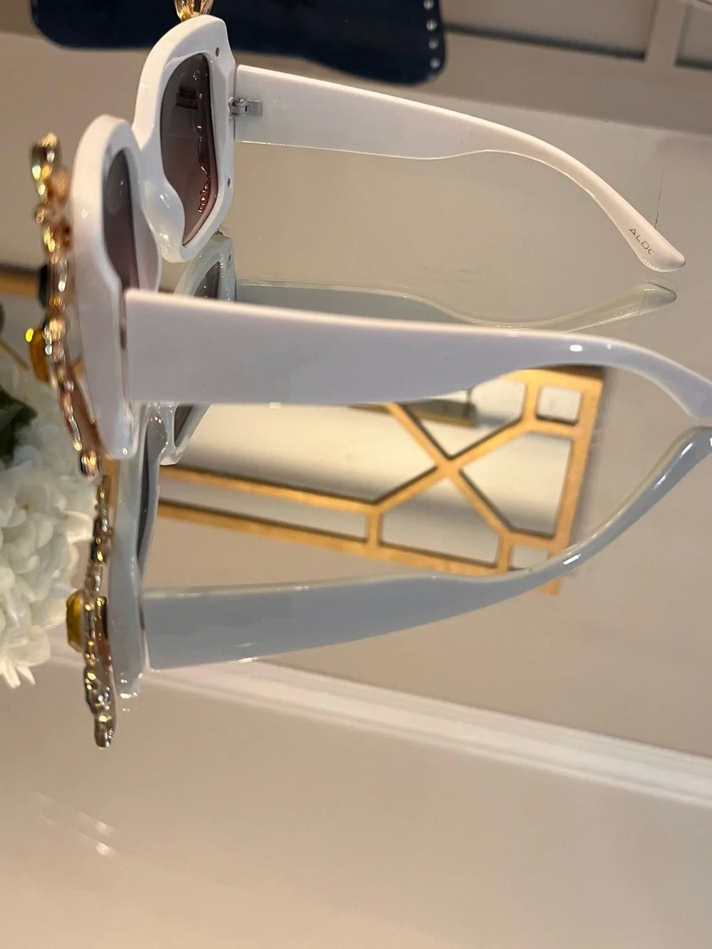 Aldo White Square Sunglasses with Green and Yellow Crystal Accents